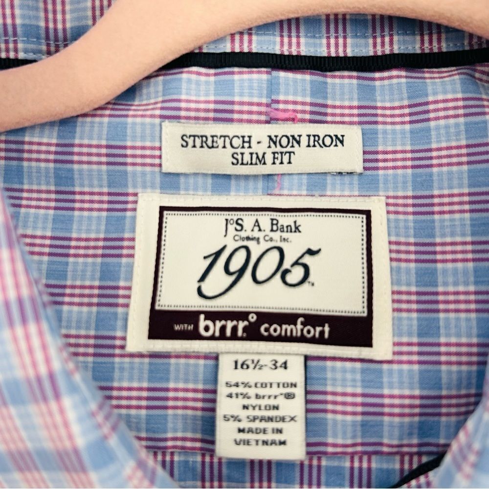 Jos. A. Bank blue plaid non-iron stretch slim fit dress shirt size 16.5 - Picture 5 of 5